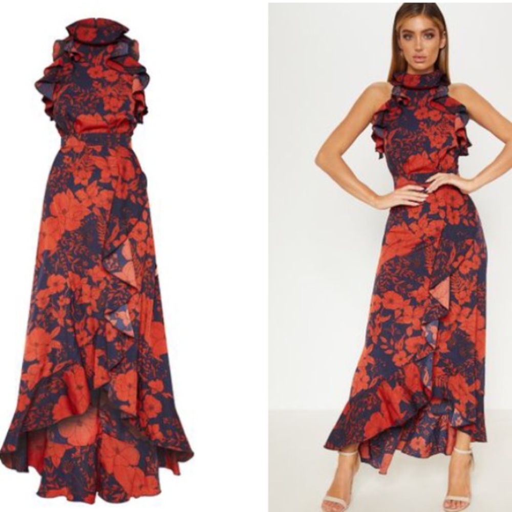 Navy Floral Print Frill Detail Wrap Maxi
